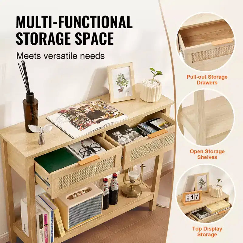 VEVOR Consolle in Rattan con 2 Cassetti Contenitori, Tavolo da Ingresso in Rattan con Ante Scorrevoli in Rattan Naturale, Tavolo Consolle Divano, Naturale