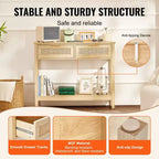 VEVOR Consolle in Rattan con 2 Cassetti Contenitori, Tavolo da Ingresso in Rattan con Ante Scorrevoli in Rattan Naturale, Tavolo Consolle Divano, Naturale