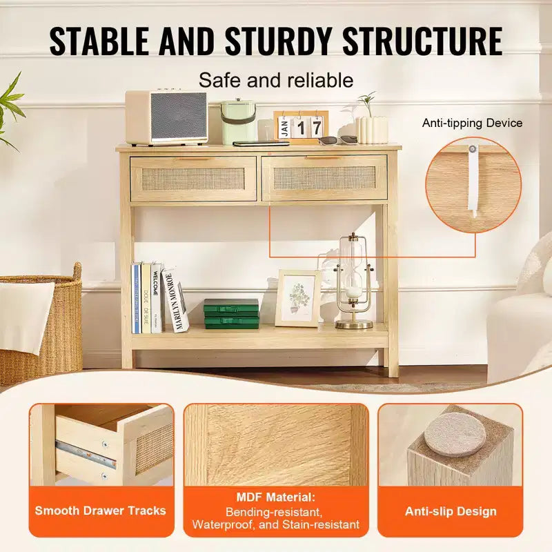 VEVOR Consolle in Rattan con 2 Cassetti Contenitori, Tavolo da Ingresso in Rattan con Ante Scorrevoli in Rattan Naturale, Tavolo Consolle Divano, Naturale