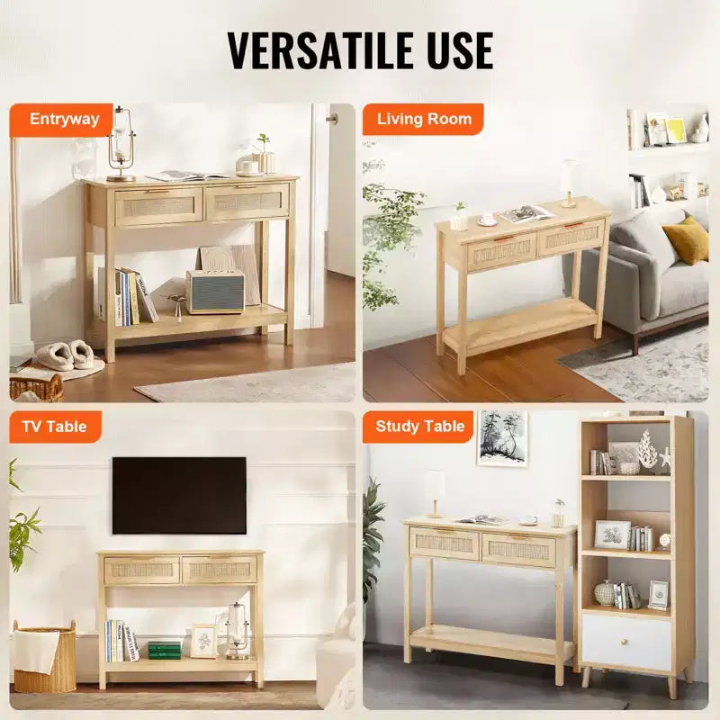 VEVOR Consolle in Rattan con 2 Cassetti Contenitori, Tavolo da Ingresso in Rattan con Ante Scorrevoli in Rattan Naturale, Tavolo Consolle Divano, Naturale