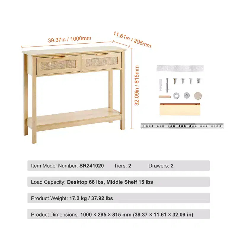 VEVOR Consolle in Rattan con 2 Cassetti Contenitori, Tavolo da Ingresso in Rattan con Ante Scorrevoli in Rattan Naturale, Tavolo Consolle Divano, Naturale