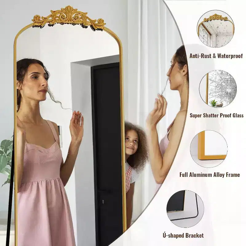 Specchio ad arco a figura intera 65x22 Specchio vintage in metallo stile barocco, oro antico