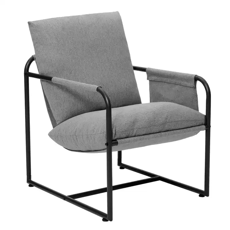Poltrona Hommpa Mid-century ergonomica in lino con tasche laterali e struttura in acciaio, grigia