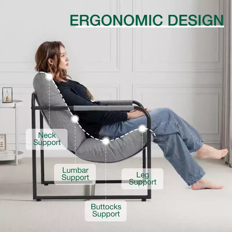 Fauteuil d'appoint Hommpa mi-siècle, ergonomique, en lin, avec poches latérales et structure en acier, gris