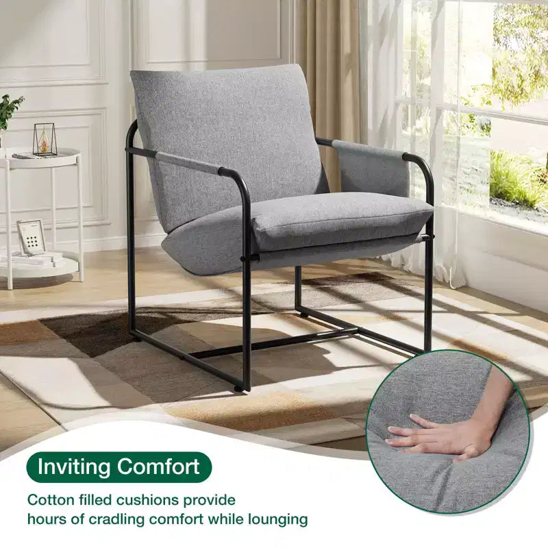 Fauteuil d'appoint Hommpa mi-siècle, ergonomique, en lin, avec poches latérales et structure en acier, gris