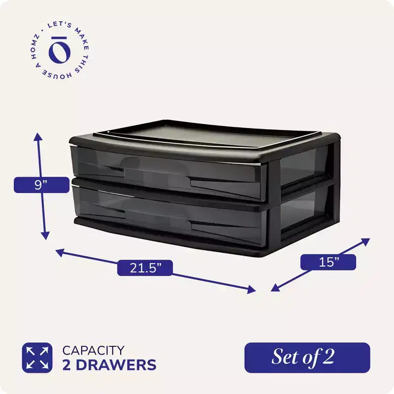 Carrello portaoggetti Homz, confezione da 2, carrello portaoggetti in plastica a 2 cassetti con corpo largo per l'organizzazione di casa e ufficio, telaio nero con cassetti fumé