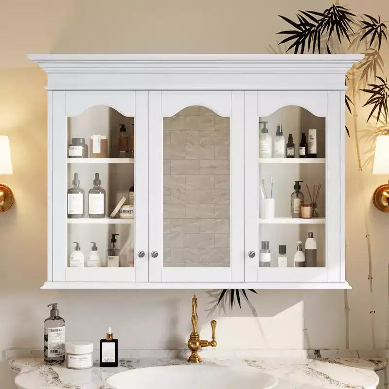 40W Medicine Cabinet with Mirror, Bathroom Storage Cabinet with Adjustable Shelves & Glass Doors, Wall Mounted Mirror Cabinet, White - ModernLuxe