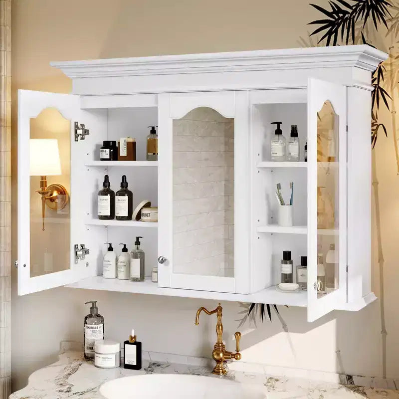 Armadietto dei Medicinali 40W con Specchio, Armadietto da Bagno con Ripiani Regolabili e Ante in Vetro, Armadietto a Specchio da Parete, Bianco - ModernLuxe