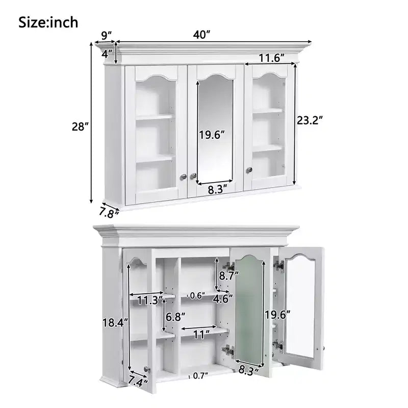 Armadietto dei Medicinali 40W con Specchio, Armadietto da Bagno con Ripiani Regolabili e Ante in Vetro, Armadietto a Specchio da Parete, Bianco - ModernLuxe