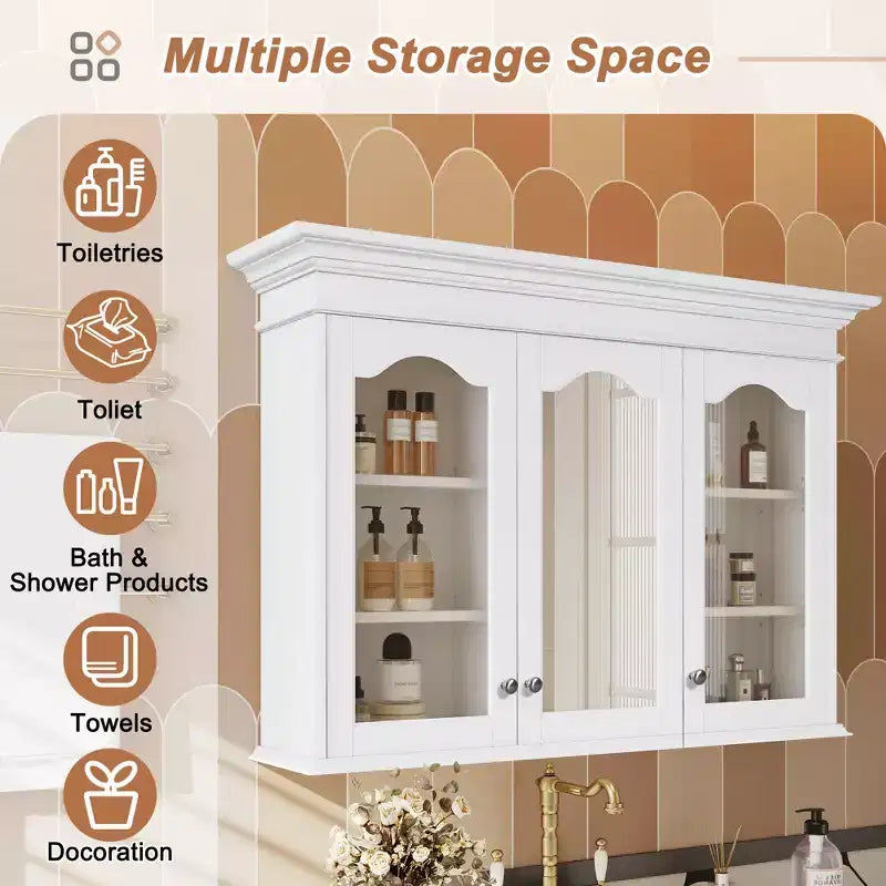 Armadietto dei Medicinali 40W con Specchio, Armadietto da Bagno con Ripiani Regolabili e Ante in Vetro, Armadietto a Specchio da Parete, Bianco - ModernLuxe