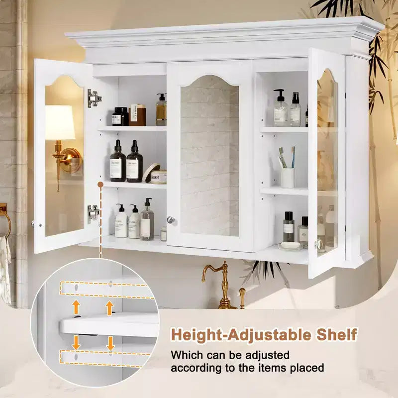 Armadietto dei Medicinali 40W con Specchio, Armadietto da Bagno con Ripiani Regolabili e Ante in Vetro, Armadietto a Specchio da Parete, Bianco - ModernLuxe
