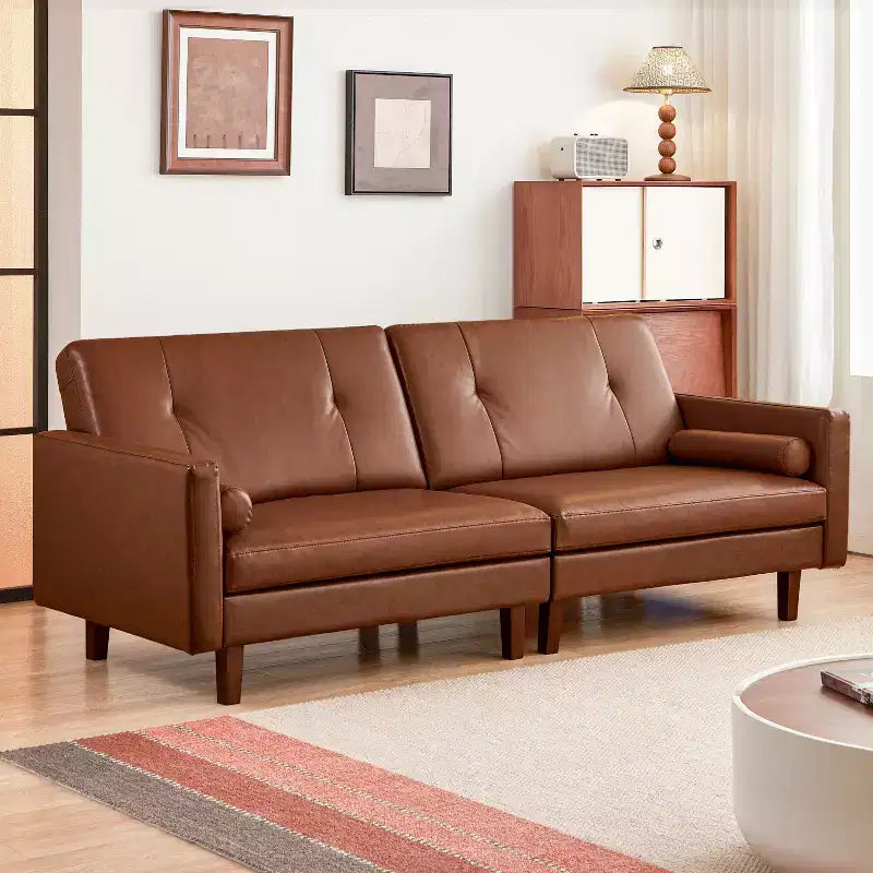 ATJafurn Canapé capitonné en cuir marron de 86 pouces avec assise profonde, canapé-lit sectionnel 3 places vintage de style moderne du milieu du siècle pour salon et bureau
