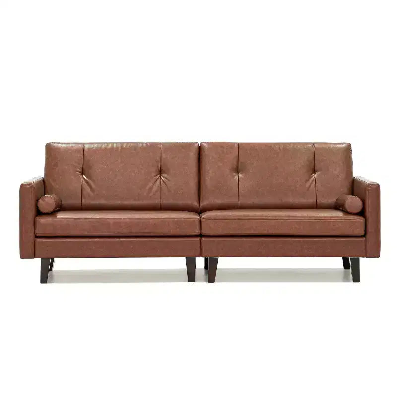 ATJafurn Canapé capitonné en cuir marron de 86 pouces avec assise profonde, canapé-lit sectionnel 3 places vintage de style moderne du milieu du siècle pour salon et bureau