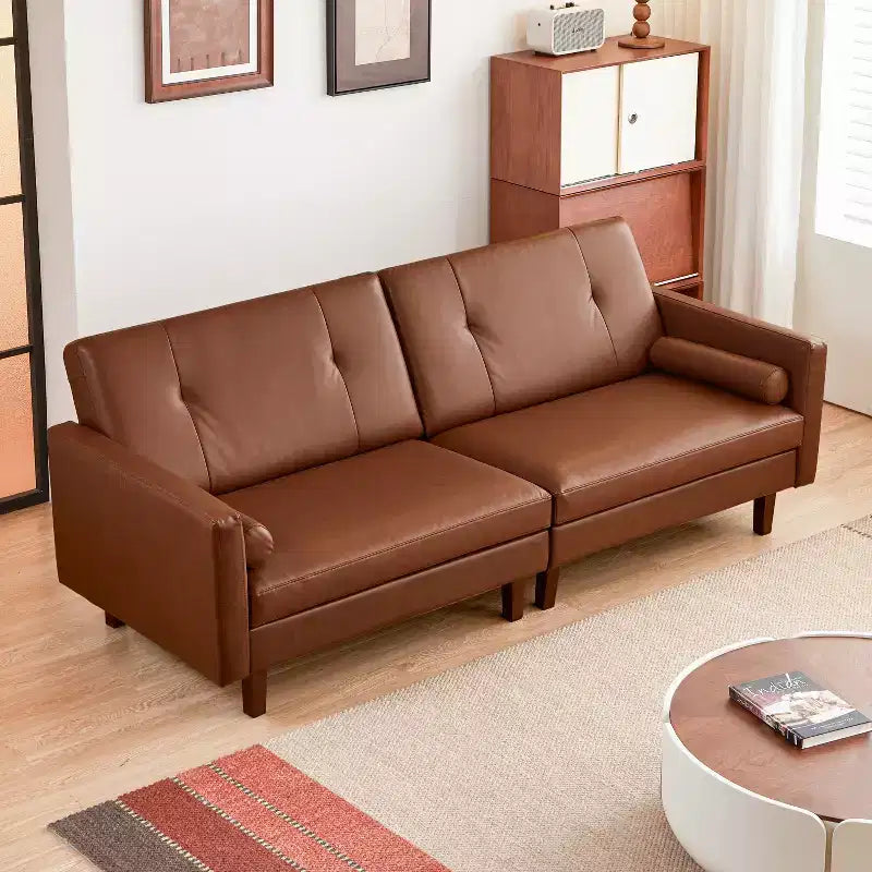 ATJafurn Canapé capitonné en cuir marron de 86 pouces avec assise profonde, canapé-lit sectionnel 3 places vintage de style moderne du milieu du siècle pour salon et bureau