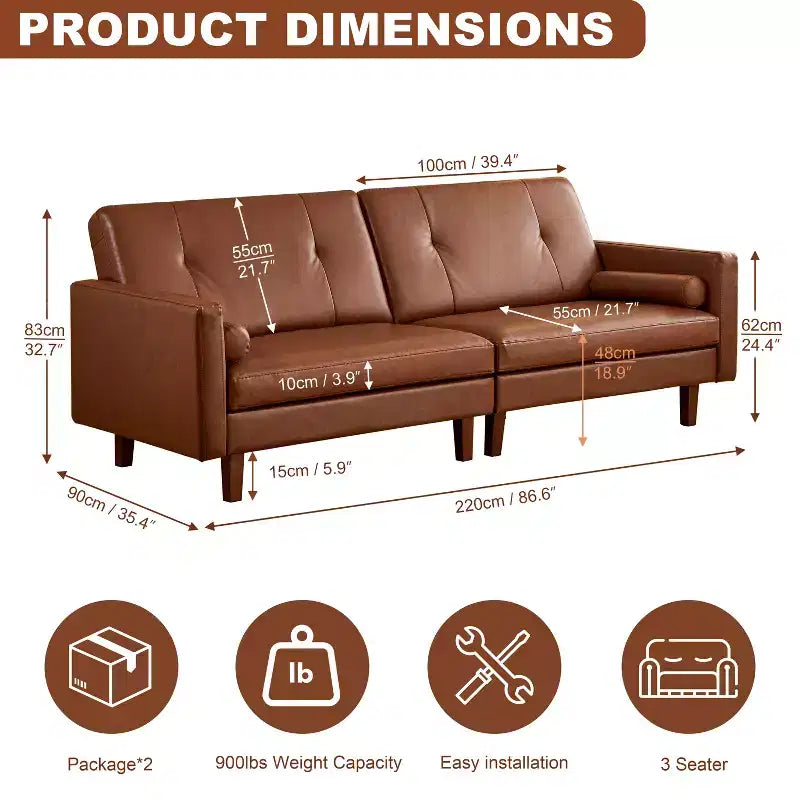 ATJafurn Canapé capitonné en cuir marron de 86 pouces avec assise profonde, canapé-lit sectionnel 3 places vintage de style moderne du milieu du siècle pour salon et bureau
