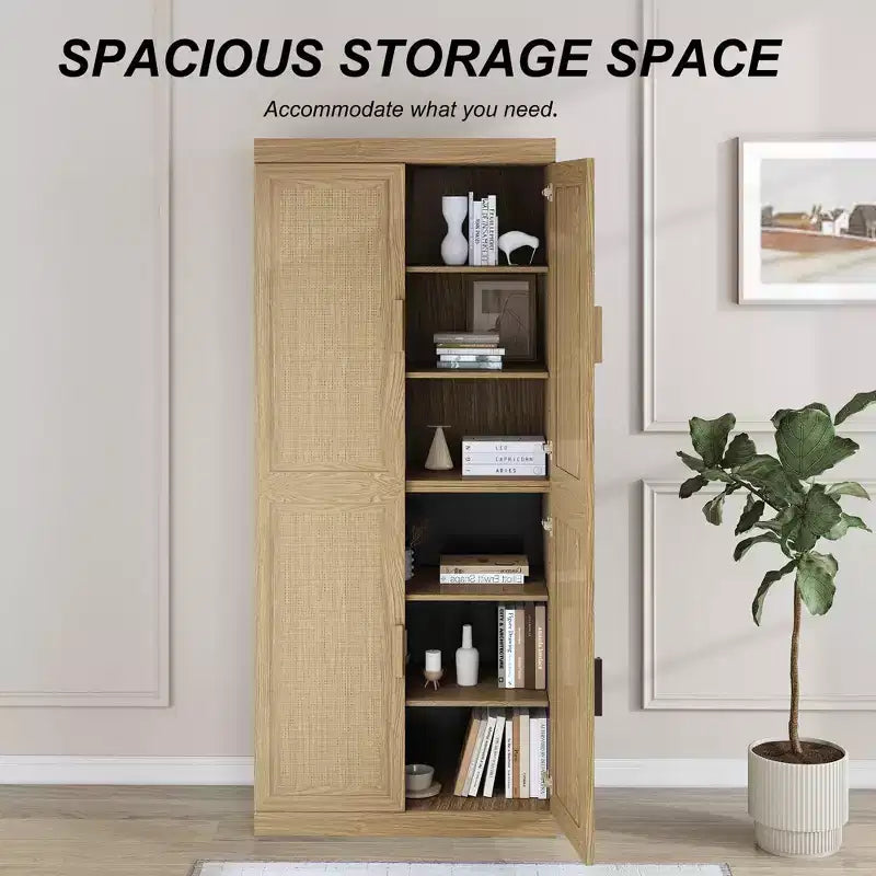Buffet Armoire 36x62x16 Effet Bois, Organisateur de Rangement avec Étagères Réglables et Portes en Rotin pour Cuisine Chambre Salon/Salle à Manger