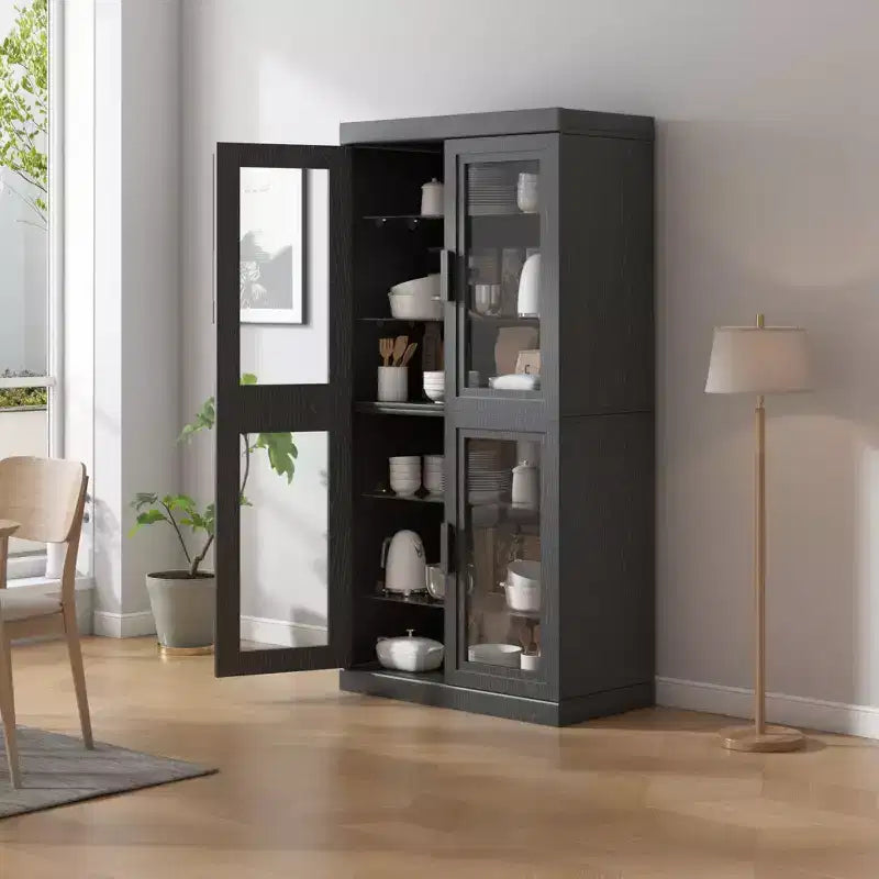 Meuble d'appoint en bois noir, organisateur de rangement avec étagères réglables et portes vitrées pour cuisine, chambre, salon, salle à manger