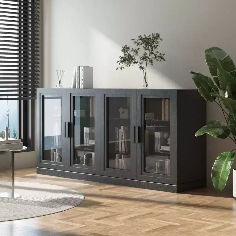 Meuble d'appoint en bois noir, organisateur de rangement avec étagères réglables et portes vitrées pour cuisine, chambre, salon, salle à manger