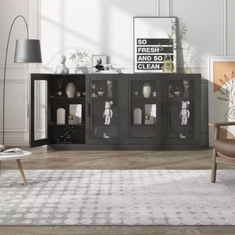 Meuble d'appoint en bois noir, organisateur de rangement avec étagères réglables et portes vitrées pour cuisine, chambre, salon, salle à manger