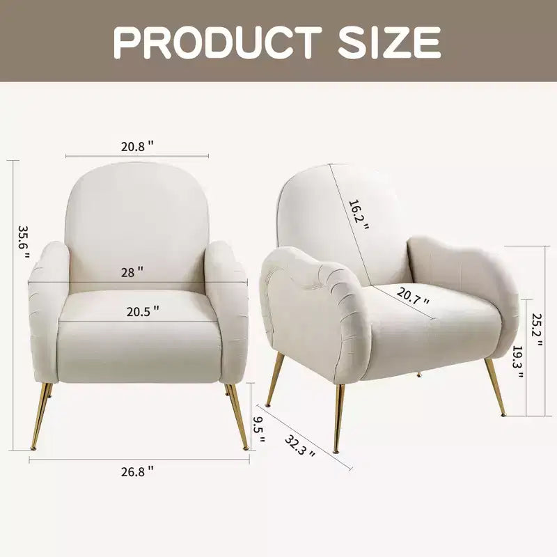 Fauteuils d'appoint modernes Okak pour chambre, fauteuil avec pieds en métal doré, fauteuil en tissu flocon de neige, canapé simple pour salon