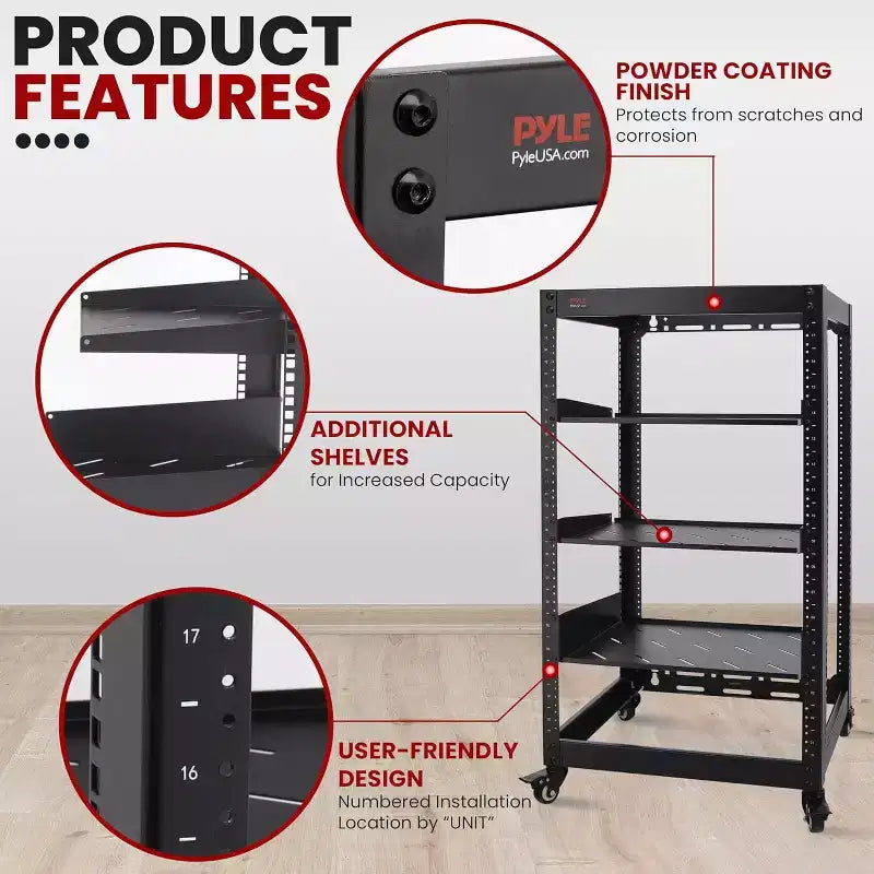 Pyle Armadio di Rete a Telaio Aperto 20U - Rack in Acciaio Resistente per Server e Attrezzature AV (PLRS20UW) - Nero