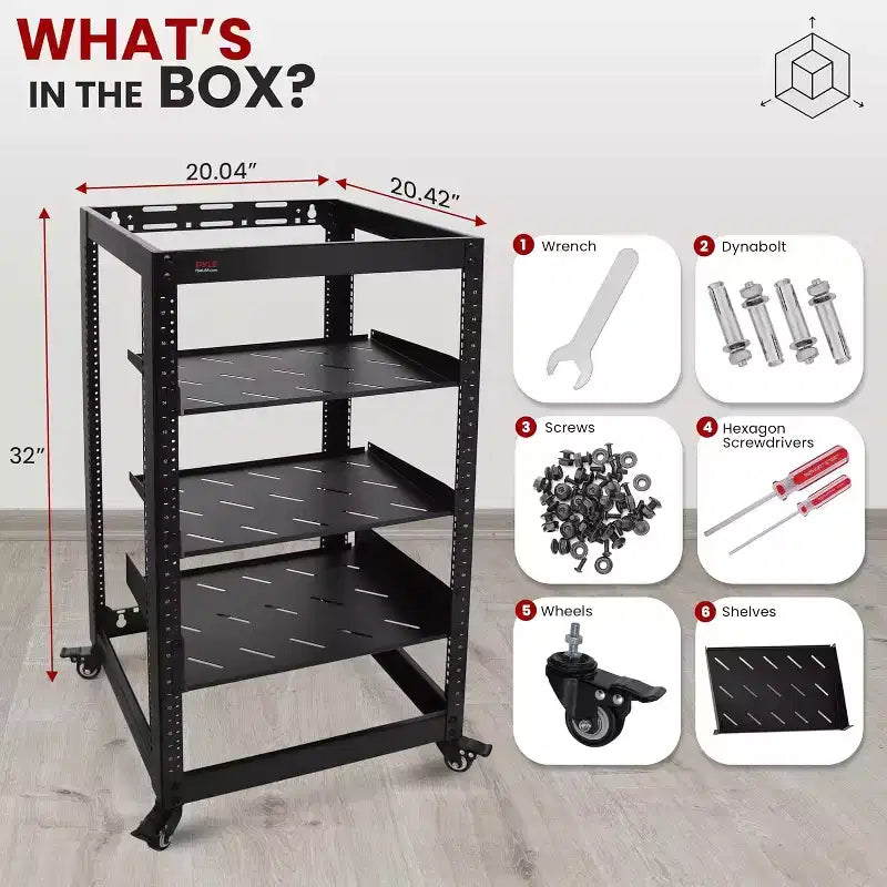 Pyle Armadio di Rete a Telaio Aperto 20U - Rack in Acciaio Resistente per Server e Attrezzature AV (PLRS20UW) - Nero