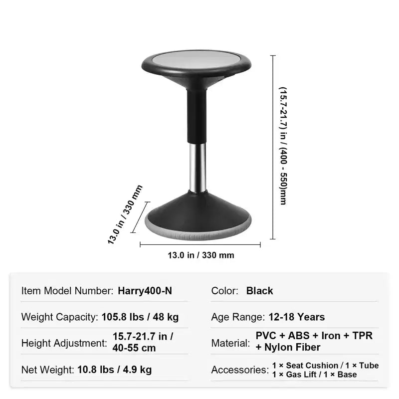 Sedia oscillante VEVOR, sedia attiva regolabile in altezza (15,7-21,7), sgabello oscillante con seduta flessibile in PVC+ABS che migliora la concentrazione, età 12-18 anni, nero