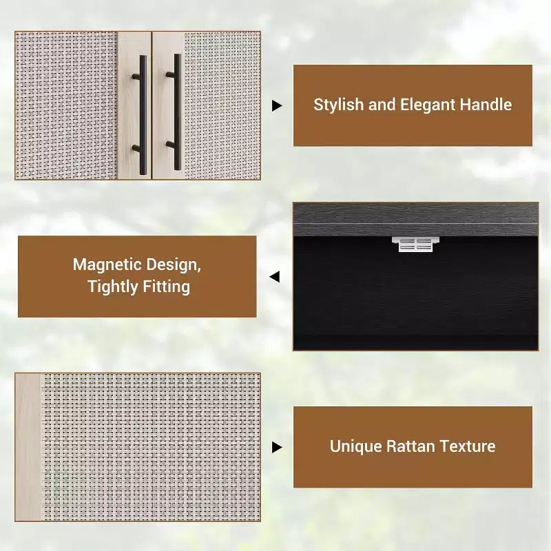 Meuble à chaussures 6 niveaux en rotin avec 2 portes, étagères réglables, range-chaussures en bois pour entrée, couloir, salon