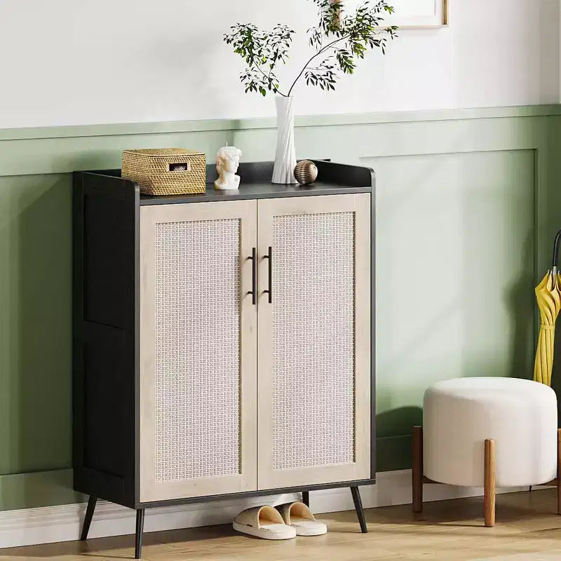 Meuble à chaussures 6 niveaux en rotin avec 2 portes, étagères réglables, range-chaussures en bois pour entrée, couloir, salon