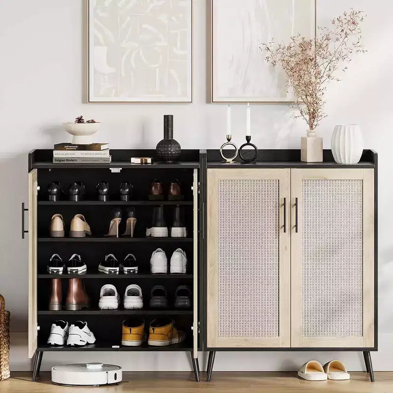 Meuble à chaussures 6 niveaux en rotin avec 2 portes, étagères réglables, range-chaussures en bois pour entrée, couloir, salon