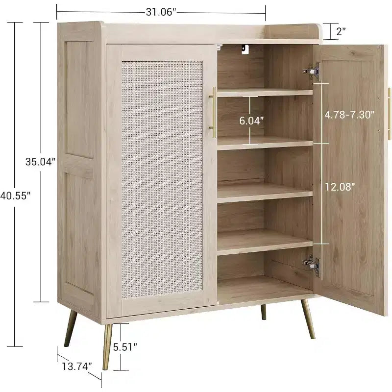 Scarpiera in Rattan a 6 Ripiani con 2 Ante, Ripiani Regolabili, Scarpiera in Legno per Ingresso, Corridoio, Soggiorno