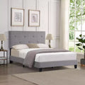 Okak Queen Upholstered Bed Frame with Button Tufted Linen Fabric Headboard, Platform Bed Frame with Wood Slat Support, Wood