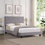 Okak Queen Upholstered Bed Frame with Button Tufted Linen Fabric Headboard, Platform Bed Frame with Wood Slat Support, Wood