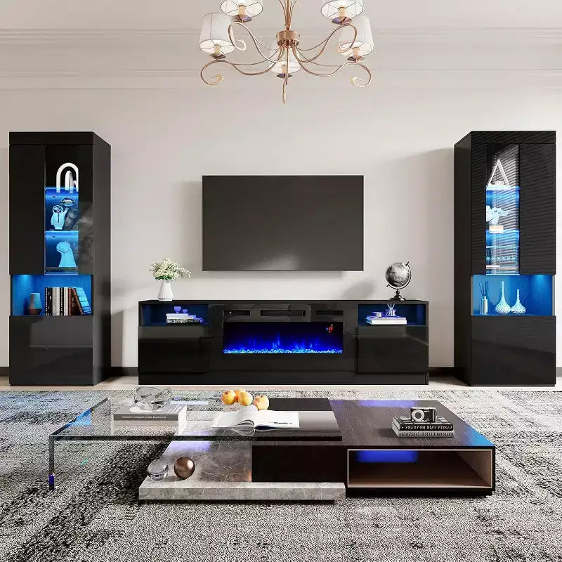 Meuble TV moderne laqué avec cheminée électrique intégrée AMERLIFE