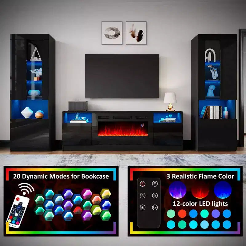 Meuble TV moderne laqué avec cheminée électrique intégrée AMERLIFE