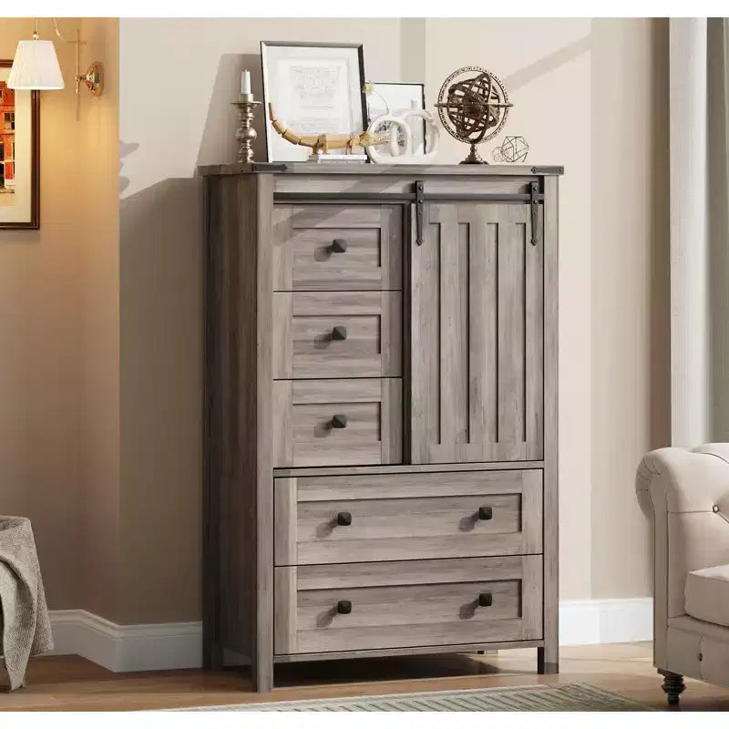 Whizmax 48 Farmhouse Dresser - 5-Drawer Wood Chest with Sliding Barn Door & Adjustable Shelf, Storage Organizer for Bedroom