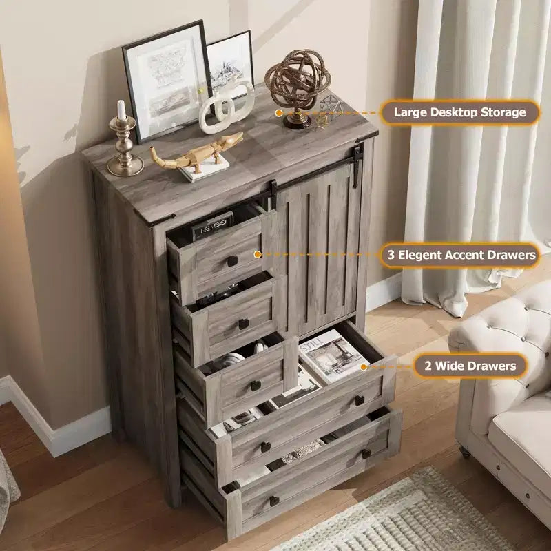 Whizmax Cassettiera da Fattoria 48 - Cassettiera in Legno a 5 Cassetti con Anta Scorrevole Stile Fienile e Ripiano Regolabile, Organizzatore Contenitore per Camera da Letto