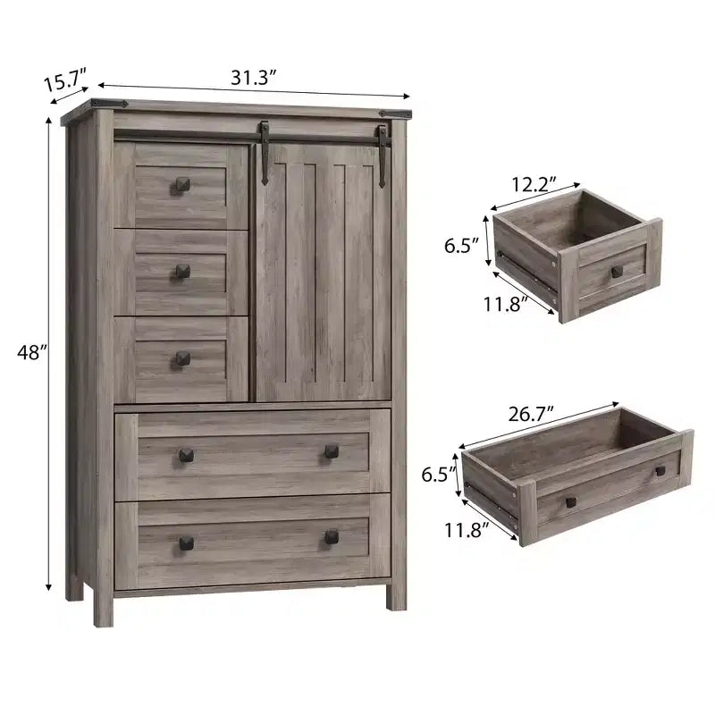 Whizmax Cassettiera da Fattoria 48 - Cassettiera in Legno a 5 Cassetti con Anta Scorrevole Stile Fienile e Ripiano Regolabile, Organizzatore Contenitore per Camera da Letto