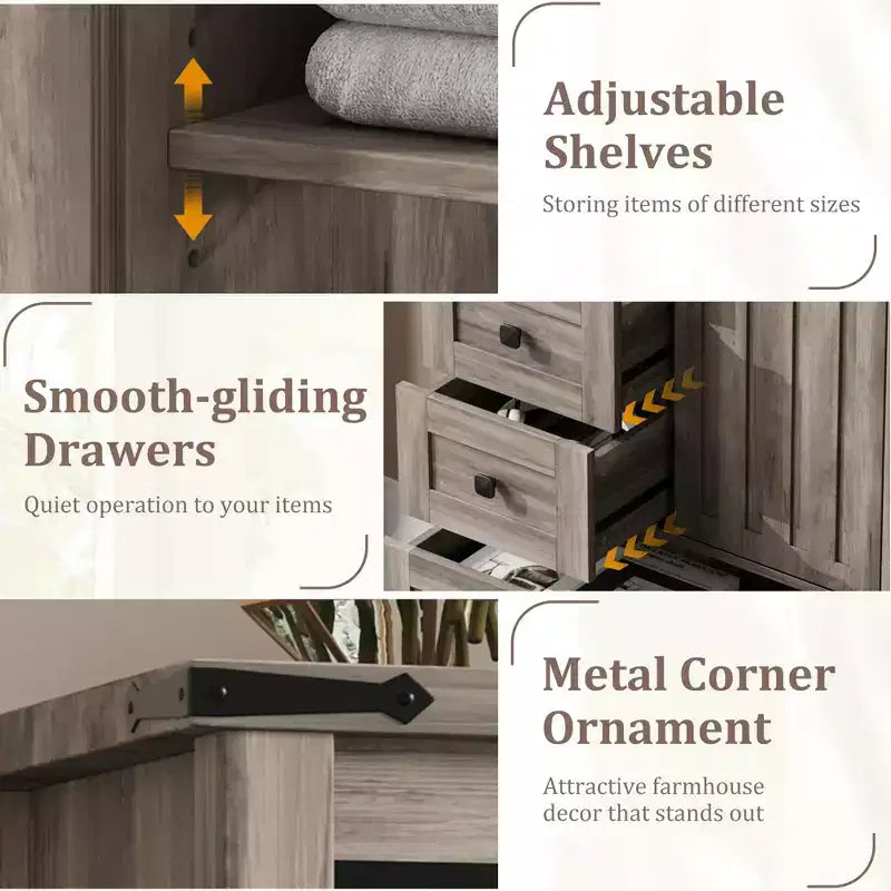 Whizmax Cassettiera da Fattoria 48 - Cassettiera in Legno a 5 Cassetti con Anta Scorrevole Stile Fienile e Ripiano Regolabile, Organizzatore Contenitore per Camera da Letto