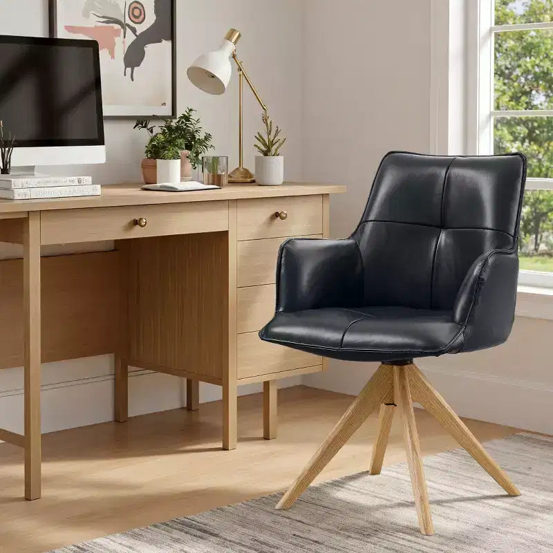 Fauteuils de bureau pivotants Art Leon en cuir véritable pleine fleur de luxe avec pieds en bois