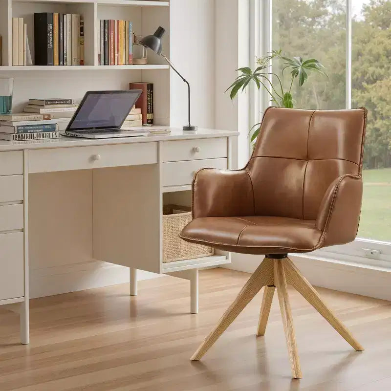 Fauteuils de bureau pivotants Art Leon en cuir véritable pleine fleur de luxe avec pieds en bois