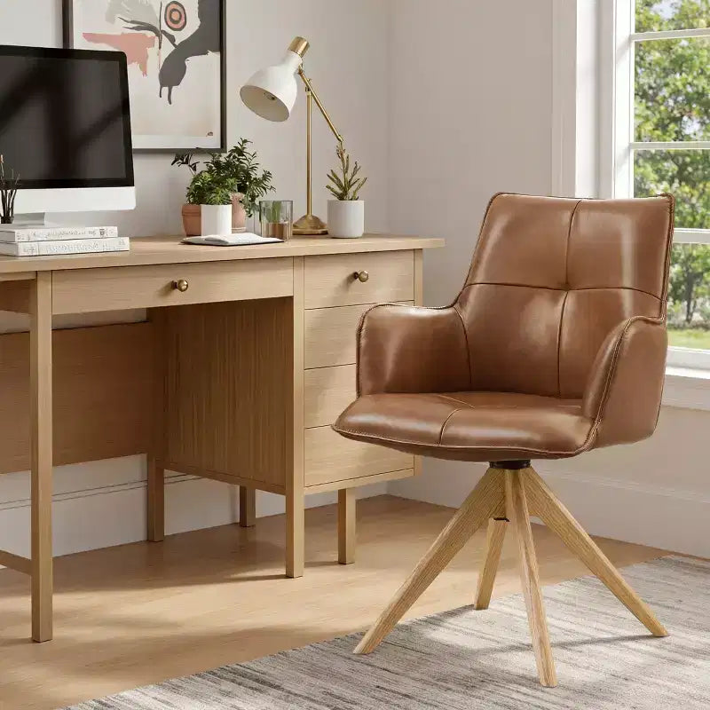 Fauteuils de bureau pivotants Art Leon en cuir véritable pleine fleur de luxe avec pieds en bois