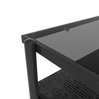 Tavolini da caffè Okak moderni rettangolari con piano in vetro temperato grigio e gambe nere per soggiorno/ufficio, salvaspazio
