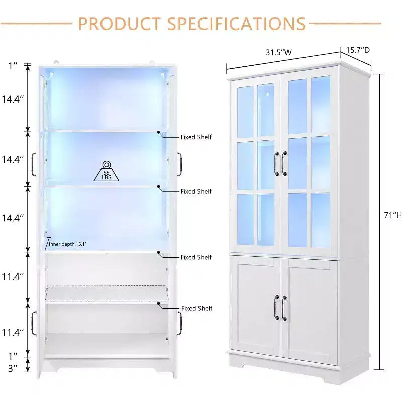 AMERLIFE Armoire de rangement haute 180 cm avec lumières LED, grande bibliothèque avec portes en verre acrylique