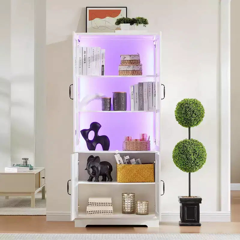 AMERLIFE Armoire de rangement haute 180 cm avec lumières LED, grande bibliothèque avec portes en verre acrylique