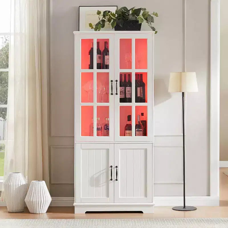 AMERLIFE Mobile Contenitore Alto 180 cm con Luci a LED, Grande Libreria con Ante in Vetro Acrilico