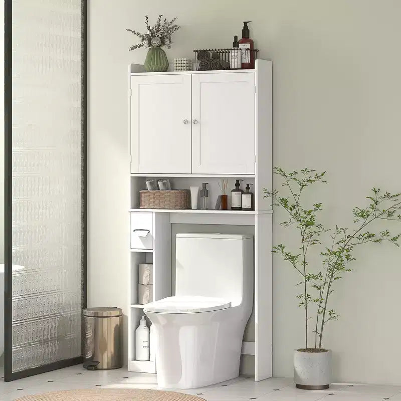 HOMCOM Armadietto da Bagno Salvaspazio Sopra il Water, Mobile Bagno con 2 Ante, Porta Carta Igienica, Organizzatore per Bagno Verticale Indipendente