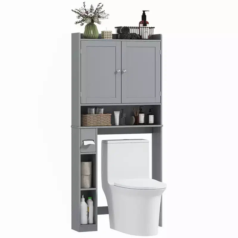 HOMCOM Over the Toilet Storage Cabinet, Modern Above Toilet Bathroom Organizer with 2 Doors, Toilet Paper Holder, Freestanding Space Saver