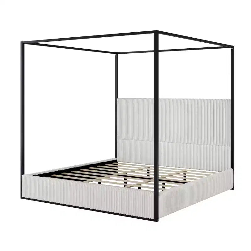 Letto a baldacchino Queen/King Size in Metallo, con testiera alta imbottita in velluto a coste, Beige+Oro/Nero+Bianco-ModernLuxe