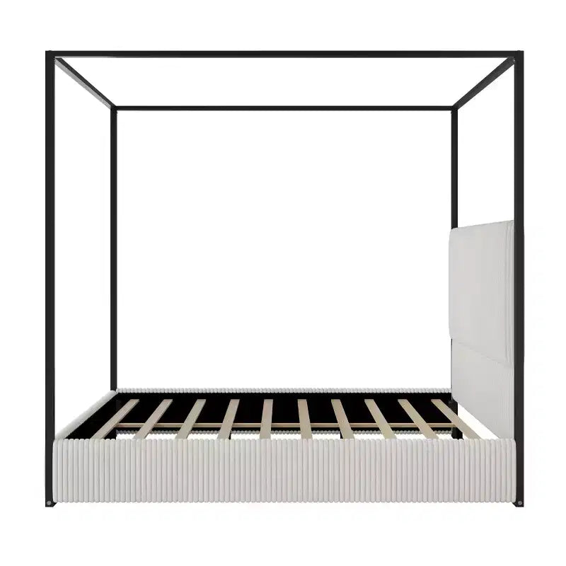 Letto a baldacchino Queen/King Size in Metallo, con testiera alta imbottita in velluto a coste, Beige+Oro/Nero+Bianco-ModernLuxe